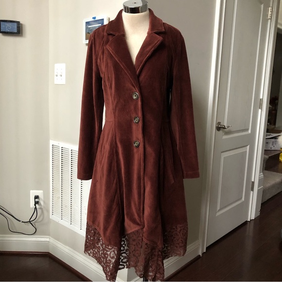 Simply Noelle Jackets & Blazers - Burgundy Lace Trim Hem Soft Corduroy Dress Coat Sz M